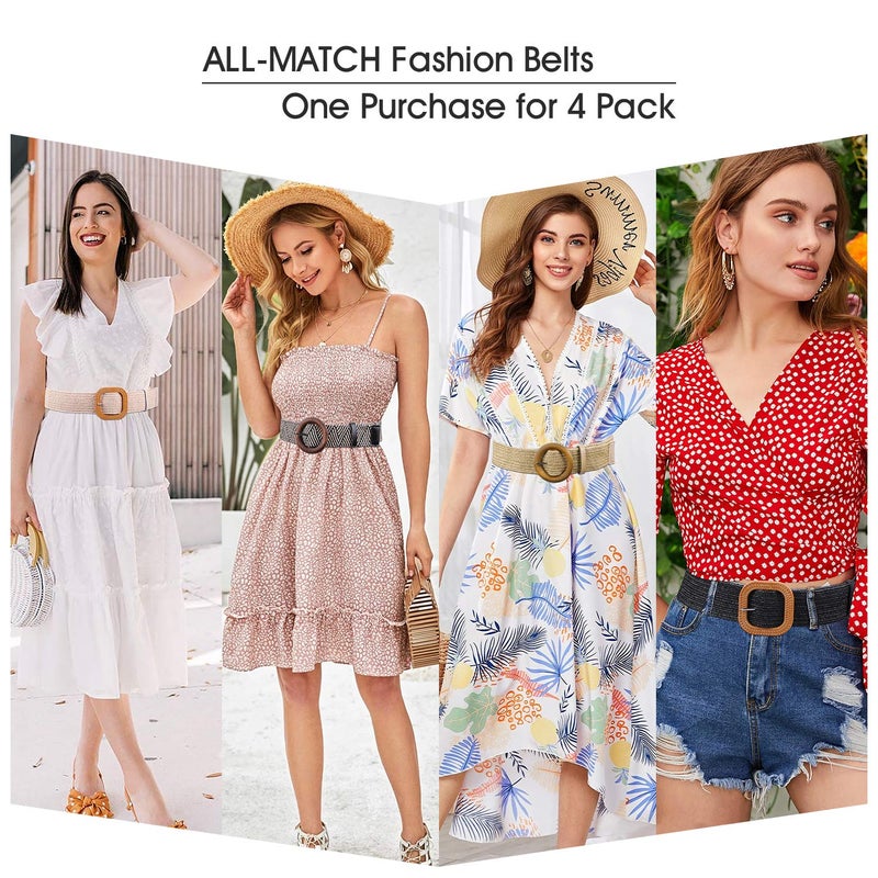 WHIPPY Set of 4 Straw Woven Elastic Stretch Waist Belts for Women, Fashion Boho Ladies Braided Skinny Dress Belt - Image 2